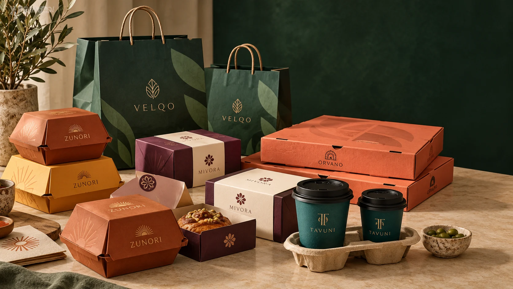 Printed boxes, cups and bags in restaurant and café identities by WARAQ BOX