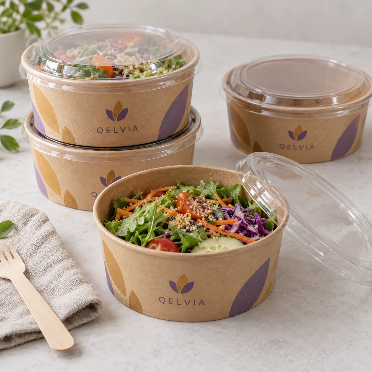 Round Kraft Salad Bowls with Clear Lids — view 2